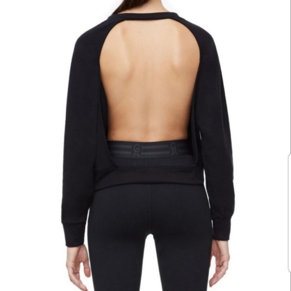 Good American Black Open Back Crewneck Pullover Sweatershirt